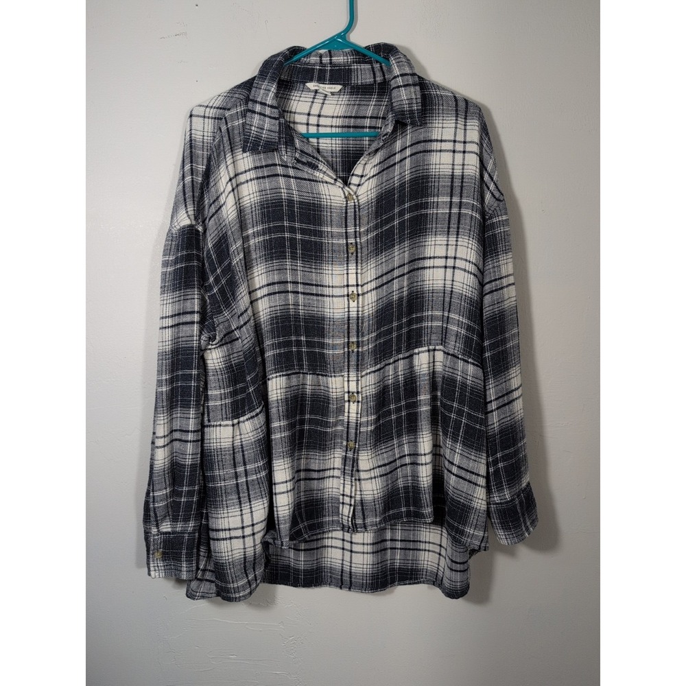 American Eagle Blue Plaid Soft Button Up Peplum‎ Babydoll Top Small Oversized